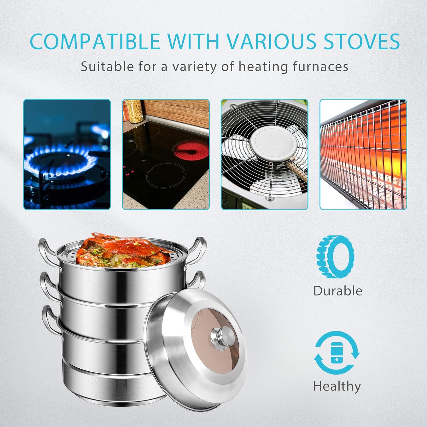 VIVOHOME 3-Tier 14.2 Inch 1mm Extra Thick 13Qt 304 Stainless Steel Steamer Pot Steaming Cookware with Tempered Glass Lid, Work with Gas, Electric, Induction Oven, Grill Stove Top, Dishwasher Safe: Kitchen & Dining