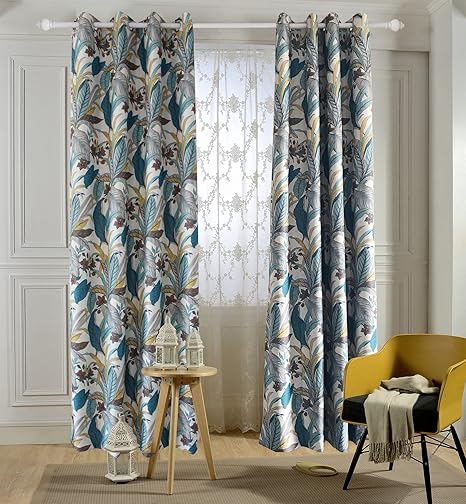 Blue Green And Yellow Leaf Curtains Anady Top 2 Panel Short