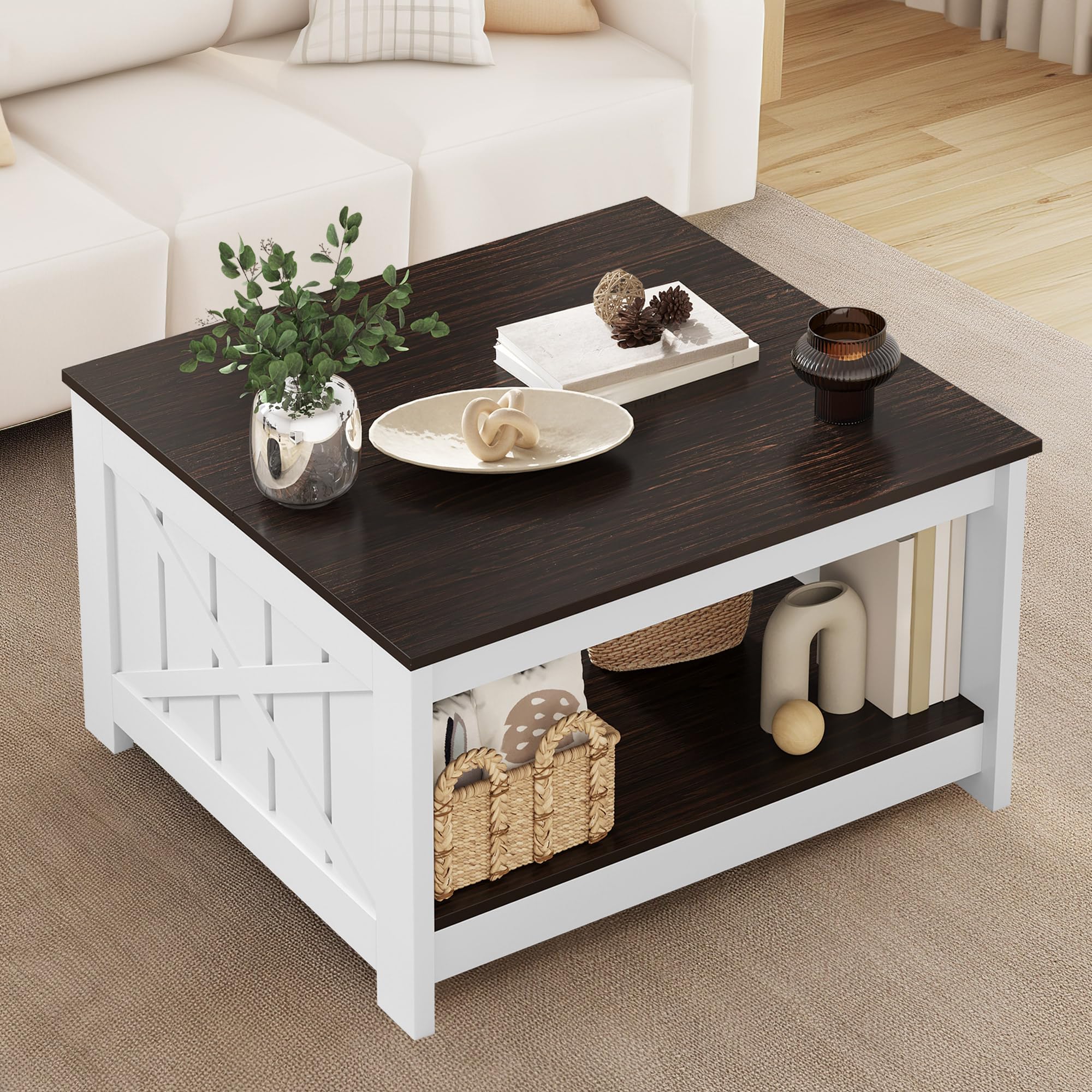 YITAHOME Farmhouse Coffee Table with Storage, 2 Tiers Rustic Wood ...