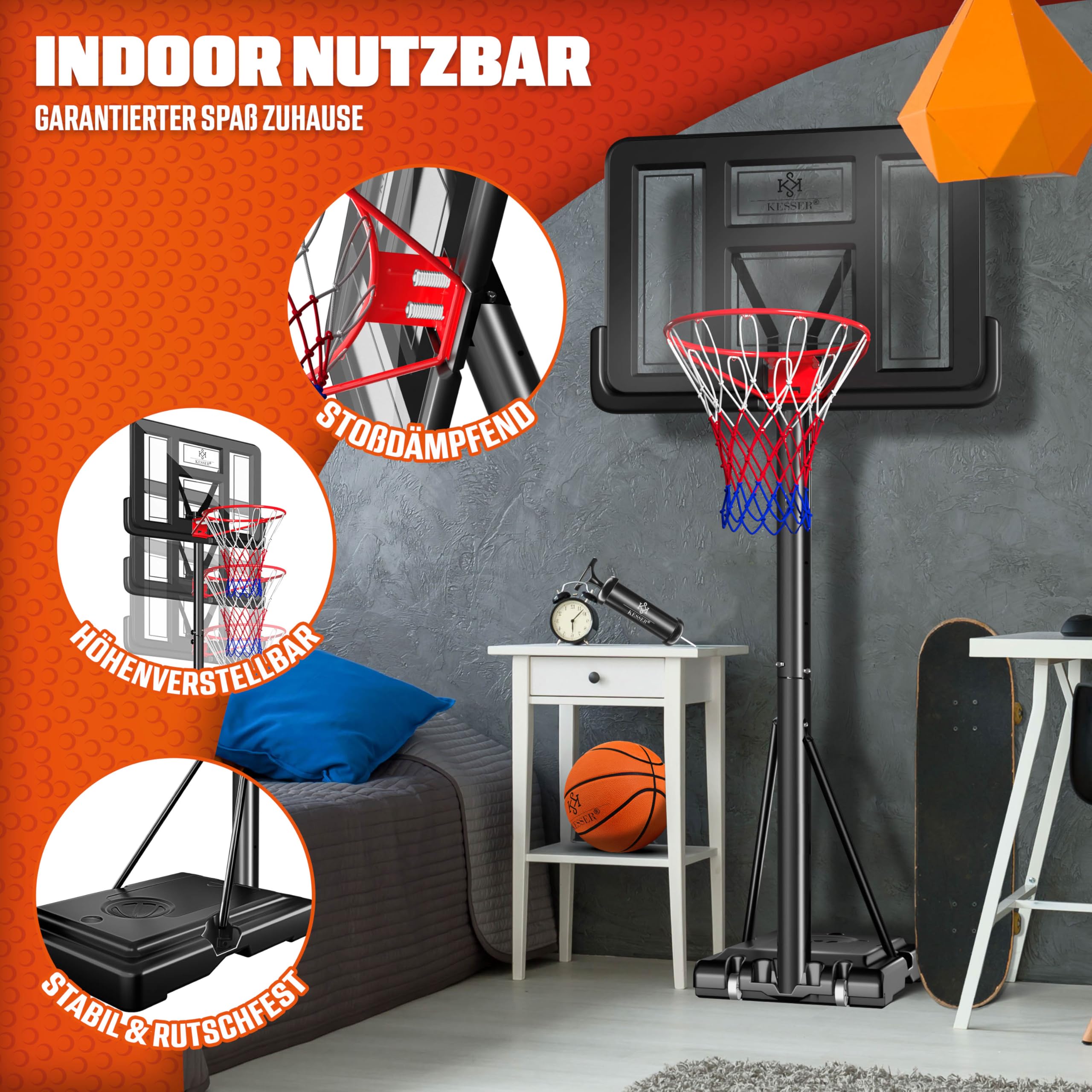 KESSER® Basketballkorb Set höhenverstellbar 160-210cm Mobiler Basketballständer mit Rollen, Backboard, Basketball, Pumpe & 2 Netzen - Indoor & Outdoor Basketballanlage für Kinder & Erwachsene Schwarz 3