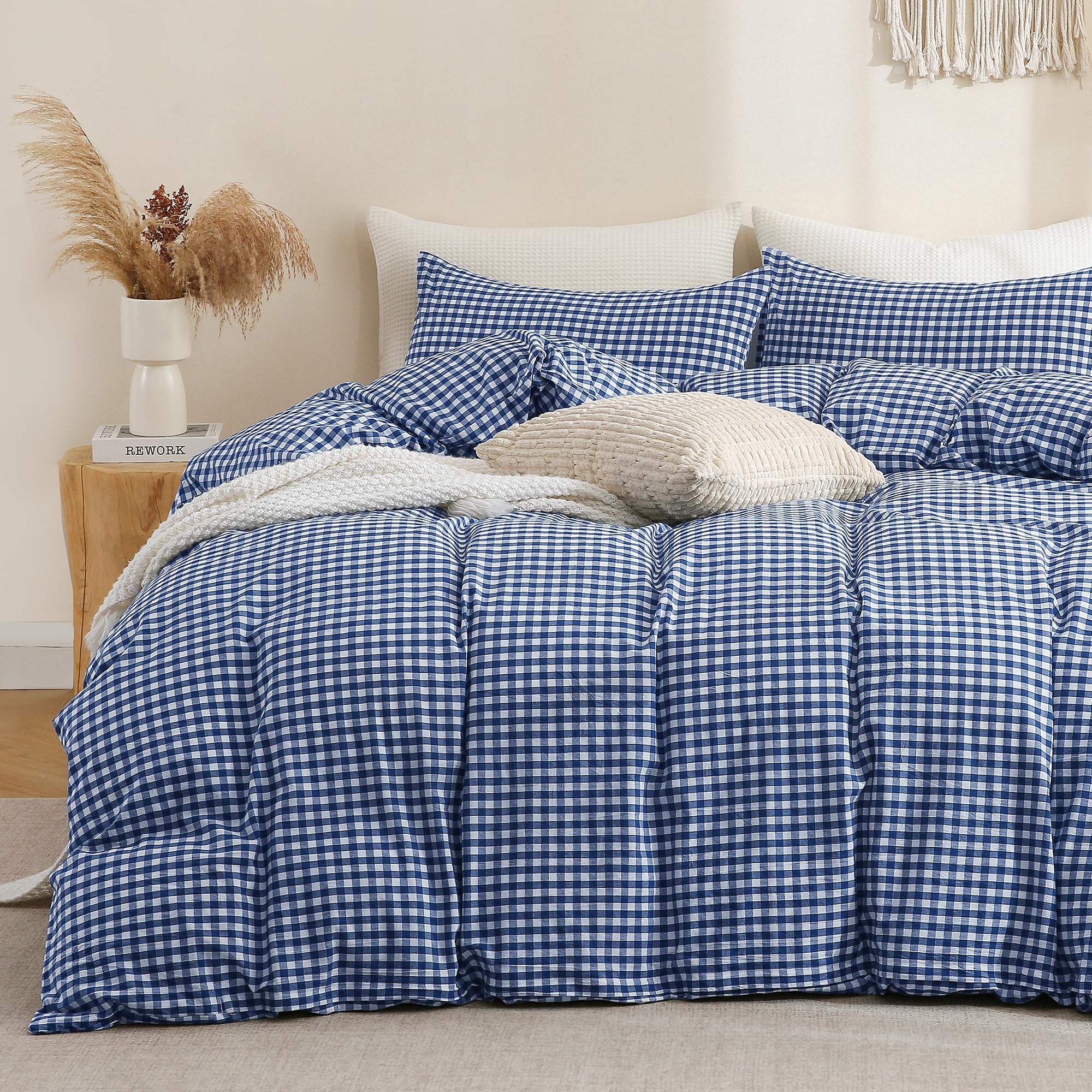 TOCOMOA Navy Blue Gingham Duvet Cover Bedding Set 100% Washed Cotton Like Linen Feel Super Soft Comfy 3 Piece Dark Blue Plaid Checkered Comforter Cover Set (Queen 90"x90", Comforter Not Included)