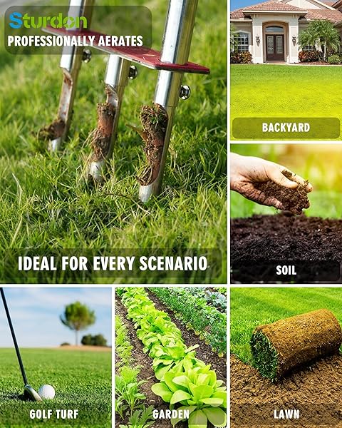 MANUAL LAWN AERATOR – 42 INCH, 304 STAINLESS STEEL AERATOR LAWN TOOL, EASY TO INSTALL, RUST RESISTANT, CORE AERATOR FOR YARD&GRASS COMPACTED SOIL, 3 DETACHABLE HOLLOW TINES, NON SLIP FOOT PAD