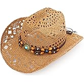Melesh Straw Cowboy Hat, Western Cowgirl Hat, Wide Brim Sun Beach Hat for Men and Women