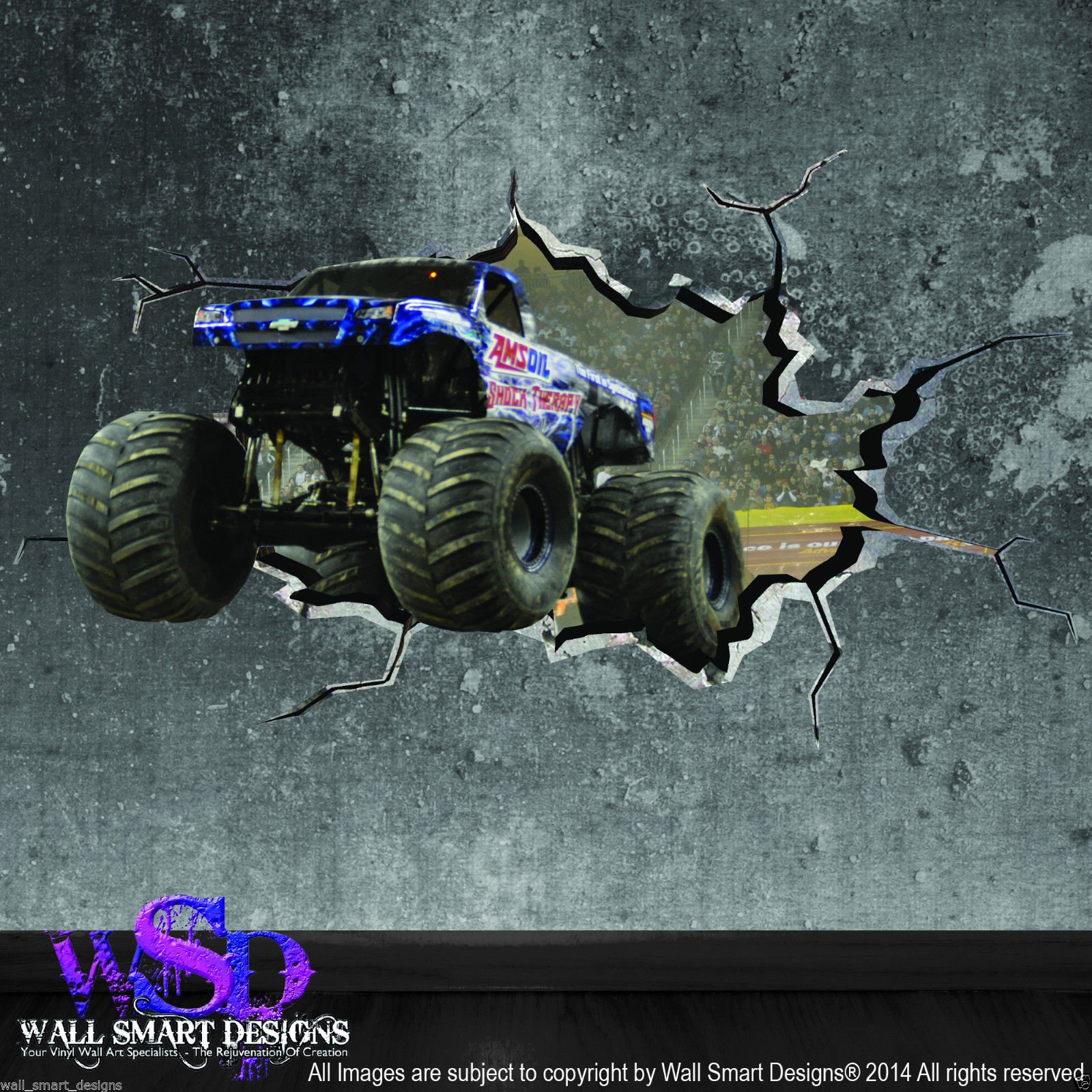 3D MONSTER TRUCK CRACKED WALL EFFECT - WALL ART STICKER BOYS DECAL MURAL PRINT WSD401