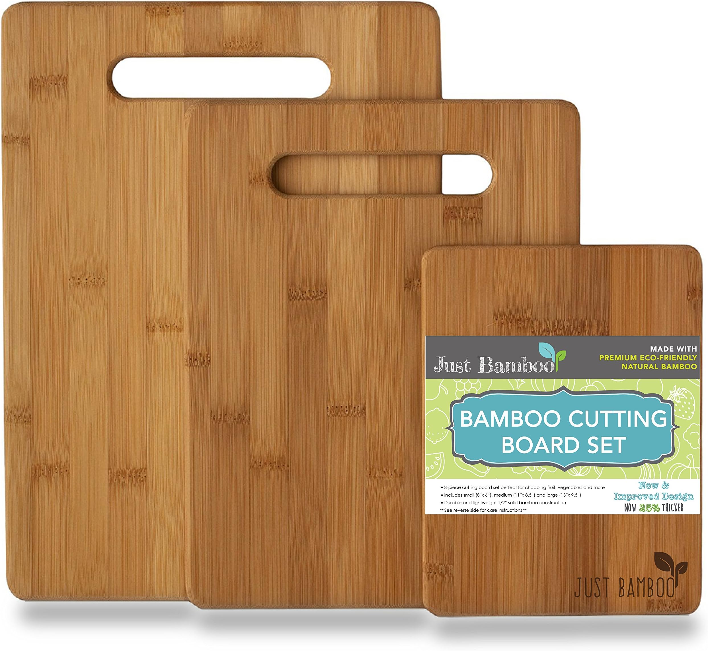 Bamboo Cutting Boards, Solid & Thick 3 Piece Wood Set with Extra Wide Handles by Just Bamboo