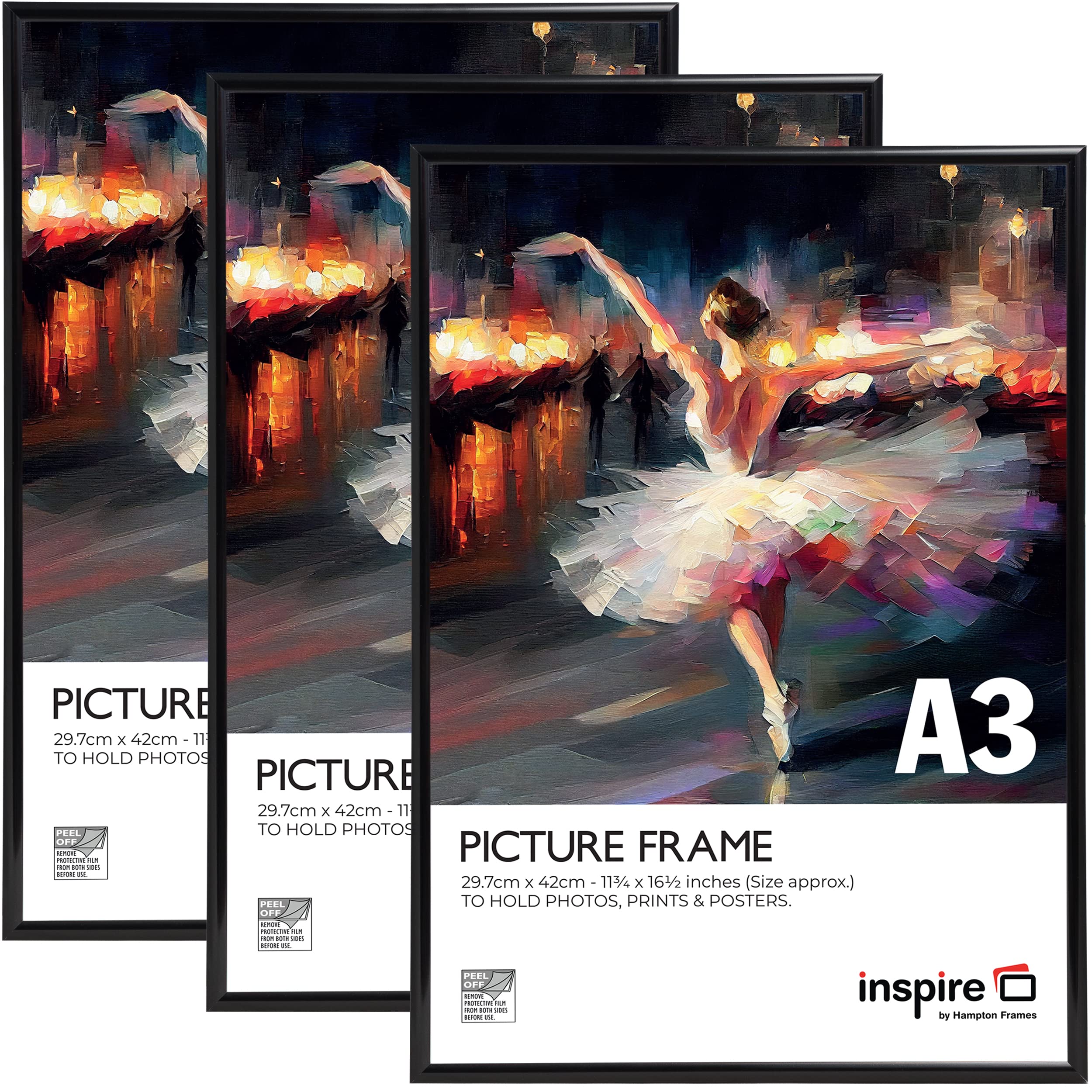 inspire by Hampton Frames BACKLOADER A3 Black Poster Frame Acrylic (Non-Glass) Pack of 3