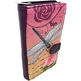 Shag Wear Vintage Dragonfly Large Women’s Wallet, Vegan Faux Leather Bifold with Card Slots, Bill Compartments and Secure Snap Closure in Purple 7"