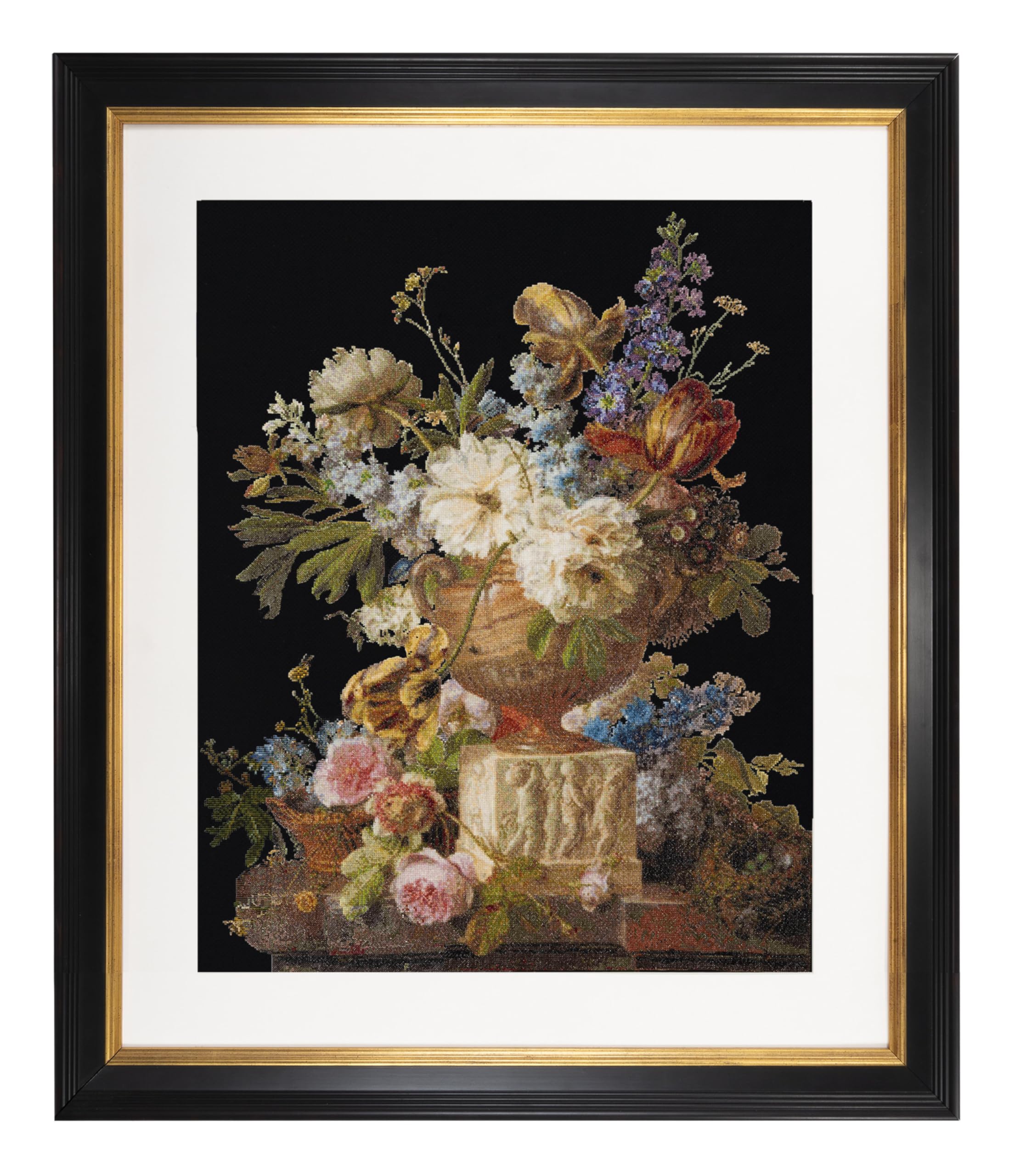 Thea Gouverneur - Counted Cross Stitch Kit - Flower Still-Life with an Alabaster Vase - Aida Black - 18 Count - for Adults - DMC Embroidery Threads and Other Cross Stitch Supplies Included - 580.05 — image 1