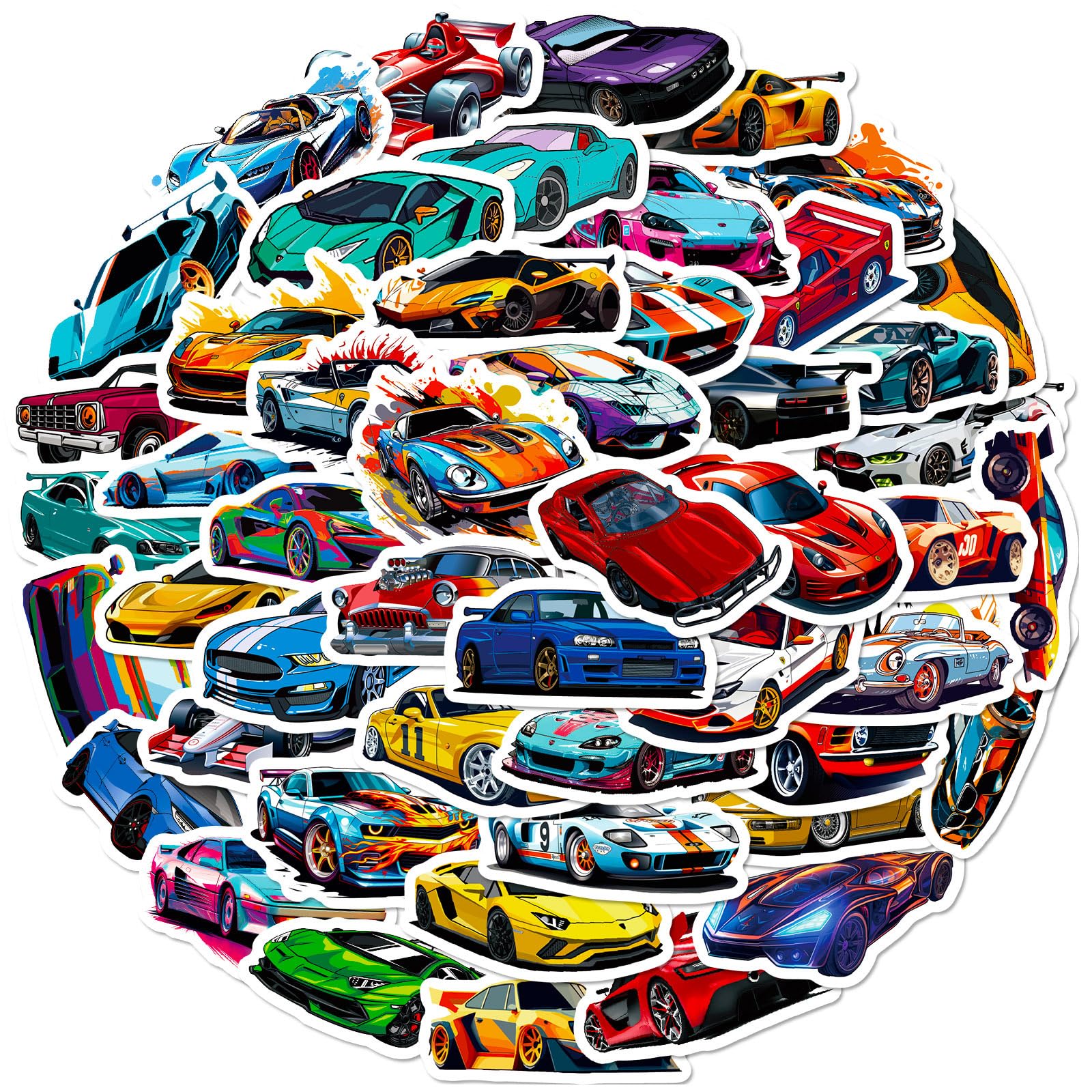 Racing Car Stickers Pack, 50Pcs Cool Sports Car Vinyl Stickers for Laptops Water Bottles Skateboards and Luggage, Cartoon Style Decals for Teens DIY Decoration on Smooth Surfaces