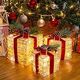 SANHSEHOME Set of 3 Christmas Lighted Gift Boxes Plug-in 60 Led Light Up Boxes Ornaments for Christmas Decorations Indoor Outdoor Home Yard Xmas Tree Holiday Party Lawn Porch (Tinsel)