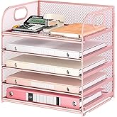 5 Tray Paper Organizer Letter Tray with Handle - Mesh Desk File Organizer, Paper Sorter Organizer for Office, Home or School File Folder Holder - Pink