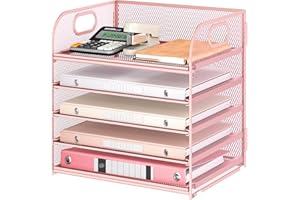 LAVATINO 5 Tray Paper Organizer Letter Tray with Handle - Mesh Desk File Organizer, Paper Sorter Organizer for Office, Home or School File Folder Holder - Pink