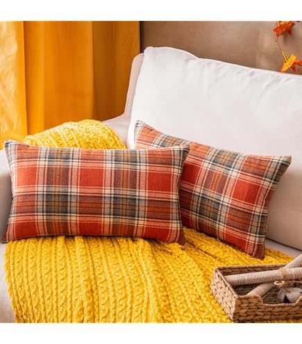 Ramirar Autumn Fall Pillow Cover - Orange Maple Leaves & Wine Red Plaid Linen Cover For Lumbar Throw Pillow, 12x20 Inches