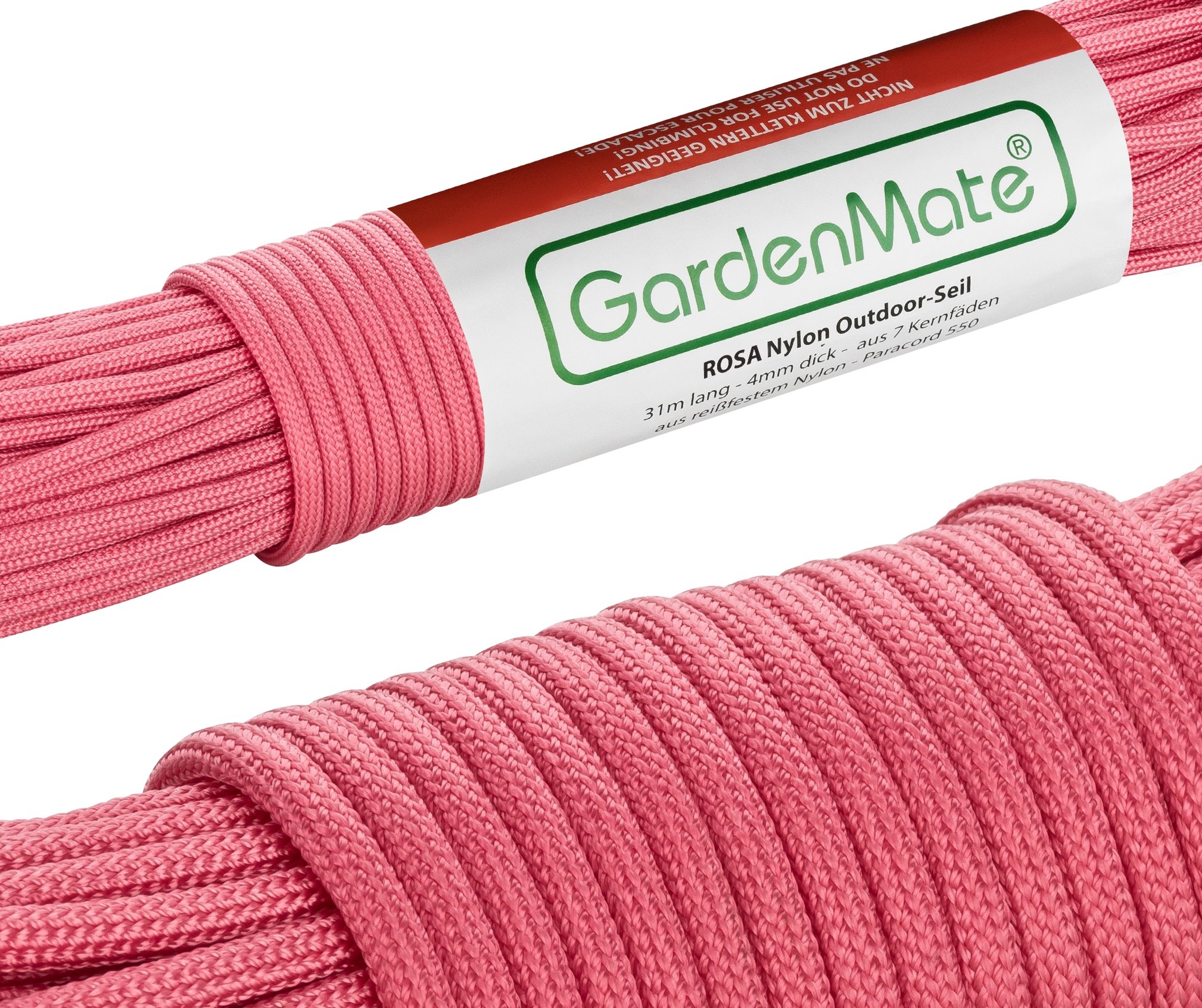 GardenMate Professional Nylon Outdoor Rope, Paracord 550, 31m Long, 4mm Thick, Tear-Resistant Kernmantle Rope with 7 Core Strands, Pink