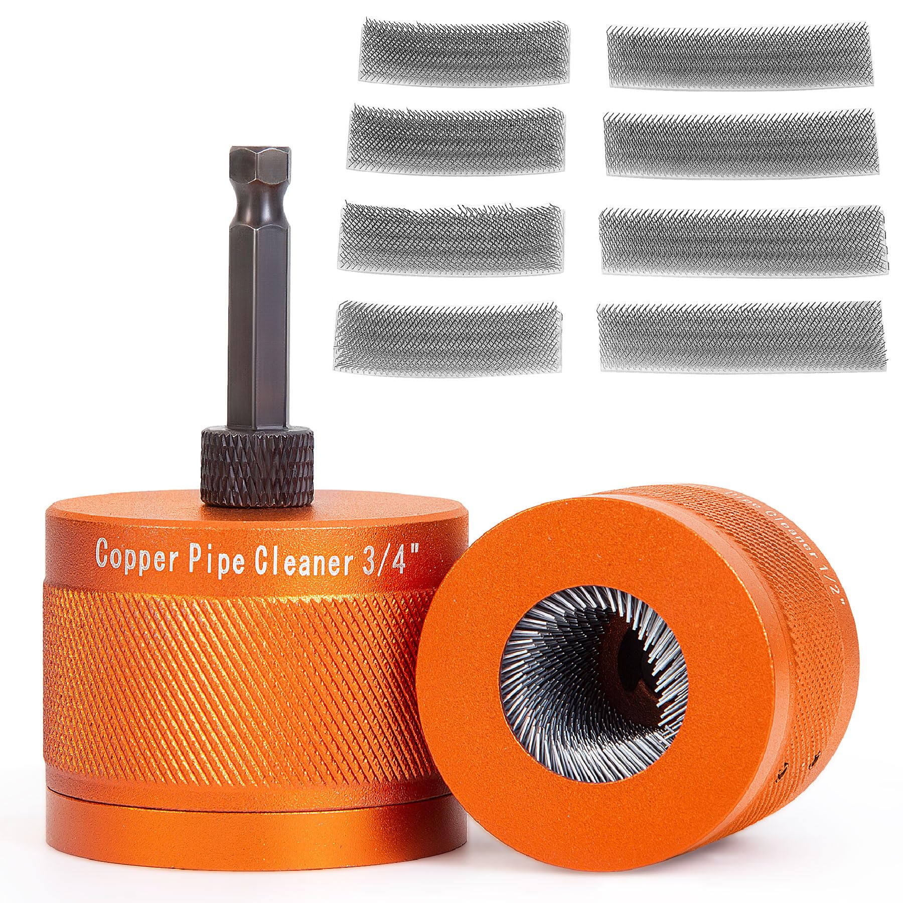 Photo 1 of 1/2" & 3/4" Metal Copper Pipe Cleaner Set with 1/4 Hex Shank,Each Set Additional 3Pcs Replaceable Blades for Cleaning Rust,Stains and Paint from Copper Pipes and All Types of Metal Pipes(Orange)
