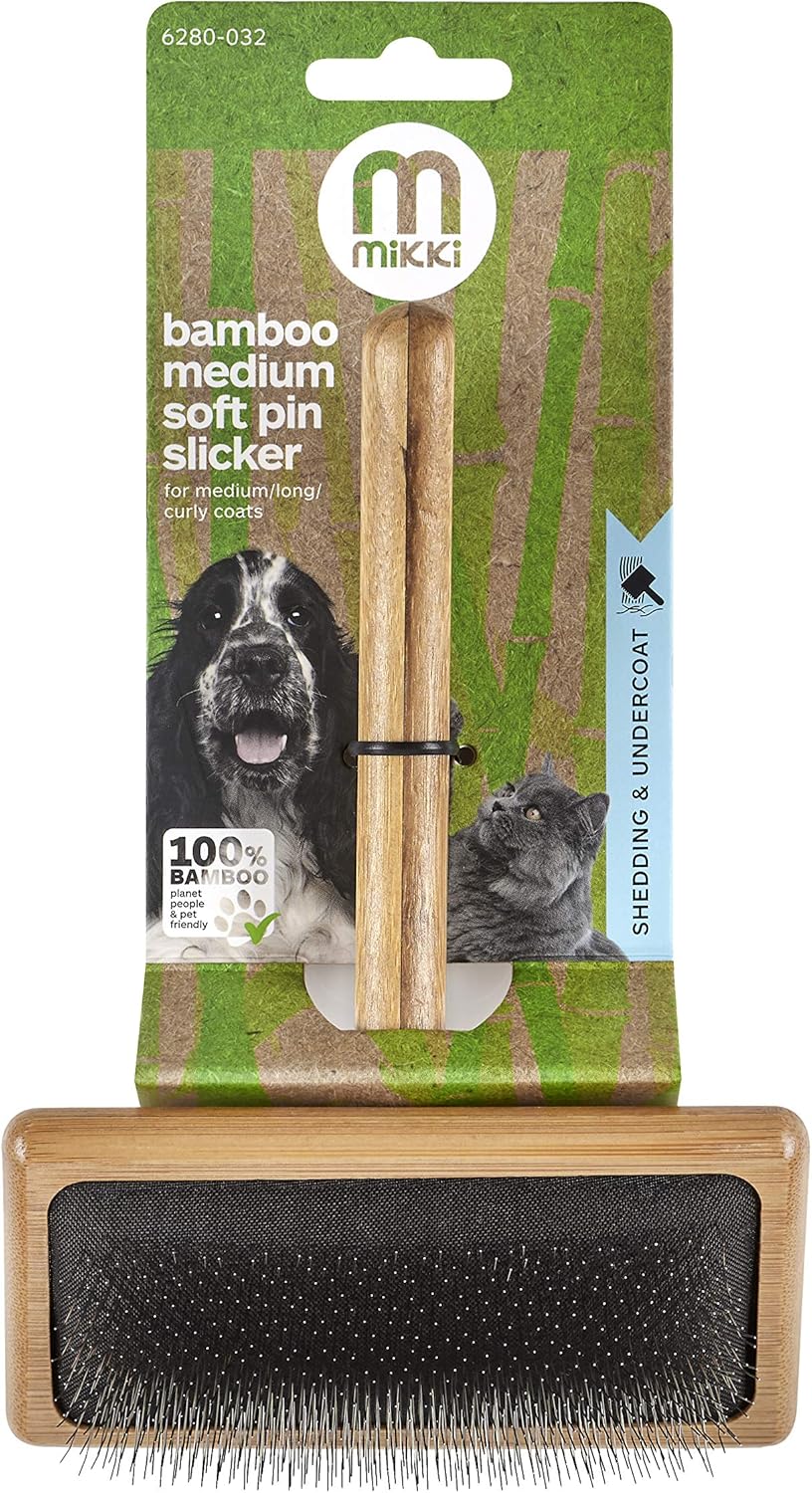Mikki Bamboo Soft Pin Slicker Brush for Dog Cat, Puppy, for Medium Long and Curly Coats, Removes Knots, Tangles, Dead Hair - Image 4