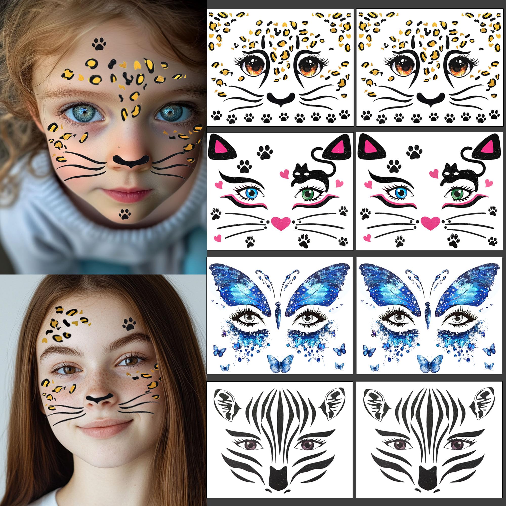 8Pcs Halloween Face Tattoo for Kids, Animal Tattoos Halloween Temporary Face Stickers Leopard Print Glitter Face Stickers Makeup Stickers Festival Party Stage Makeup (8Psc-kid tattoo)