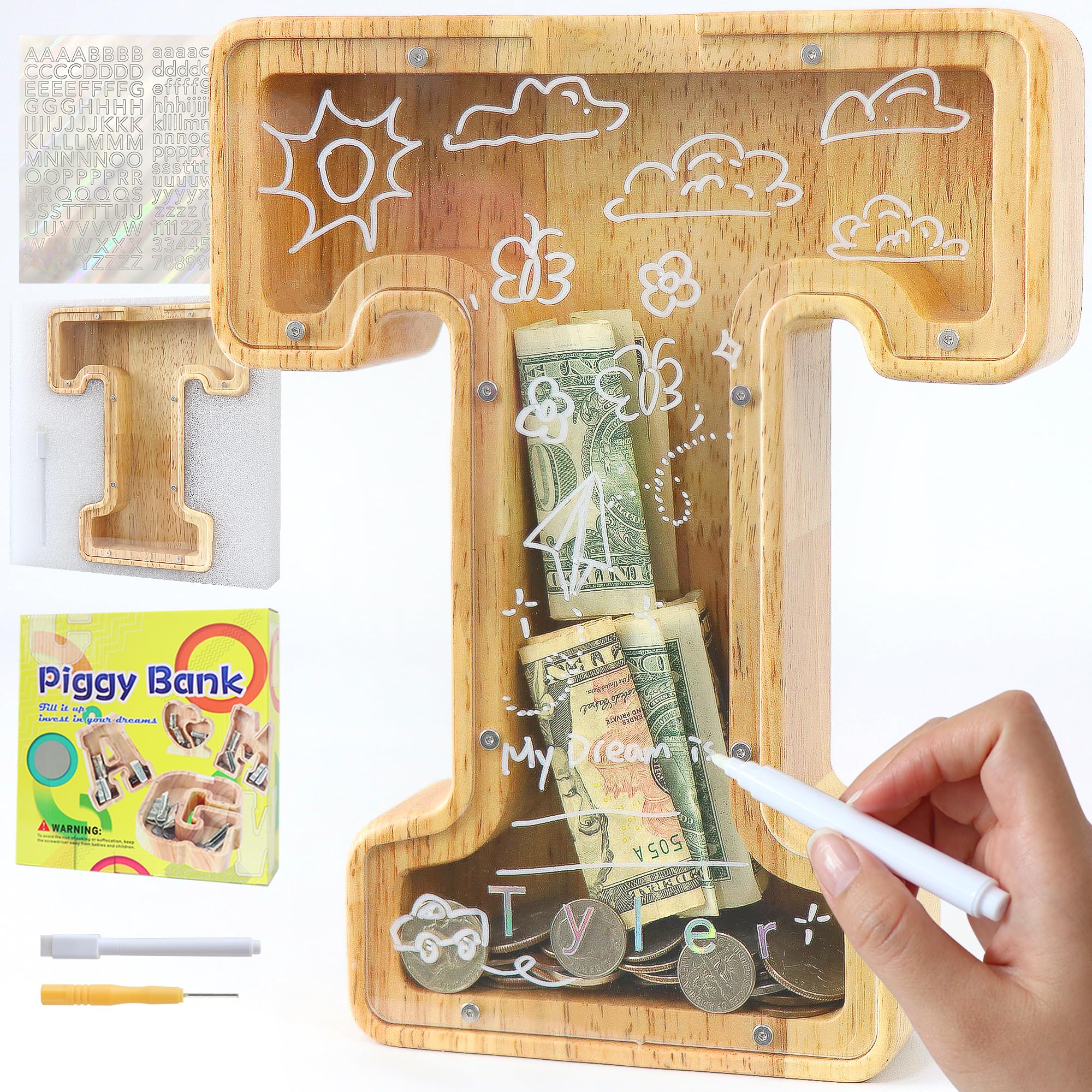 Mikytoper Letter Money Box for Kids Large Wooden Personalized A-Z Piggy Bank Clear Alphabet Money Bank Coin Bank for Gift Decoration Baptism (T)
