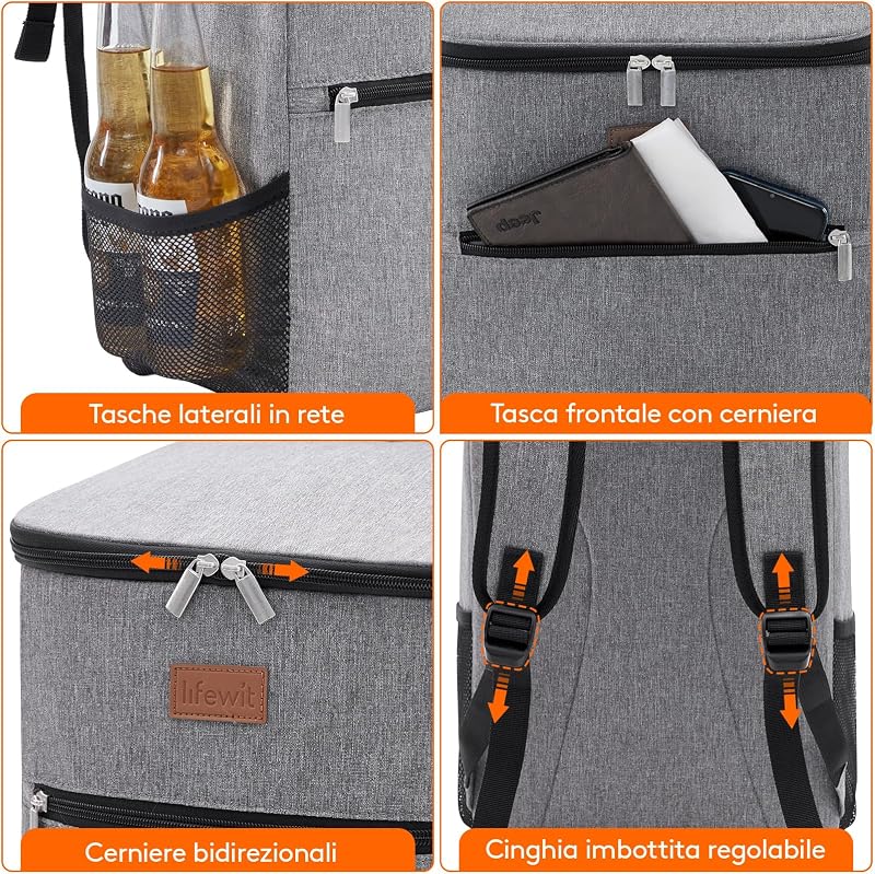 Zaino Termico 24L (30 Lattine), Borsa Frigo Portatile con Scomparto, Grande Borse Termica Porta Pranzo per Uomo e Donna, Cooler Bag per Mare, Spiaggia, Viaggio, Grigio