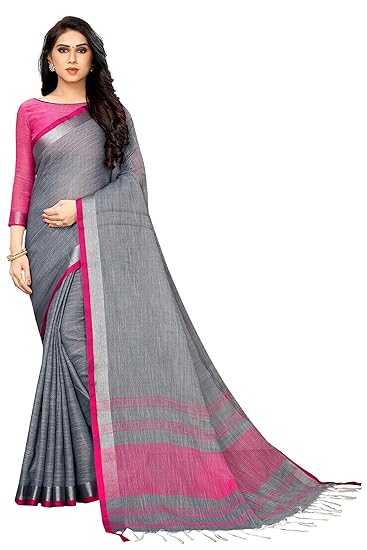 Women's Linen Saree With Blouse Piece(CatonicBorder)