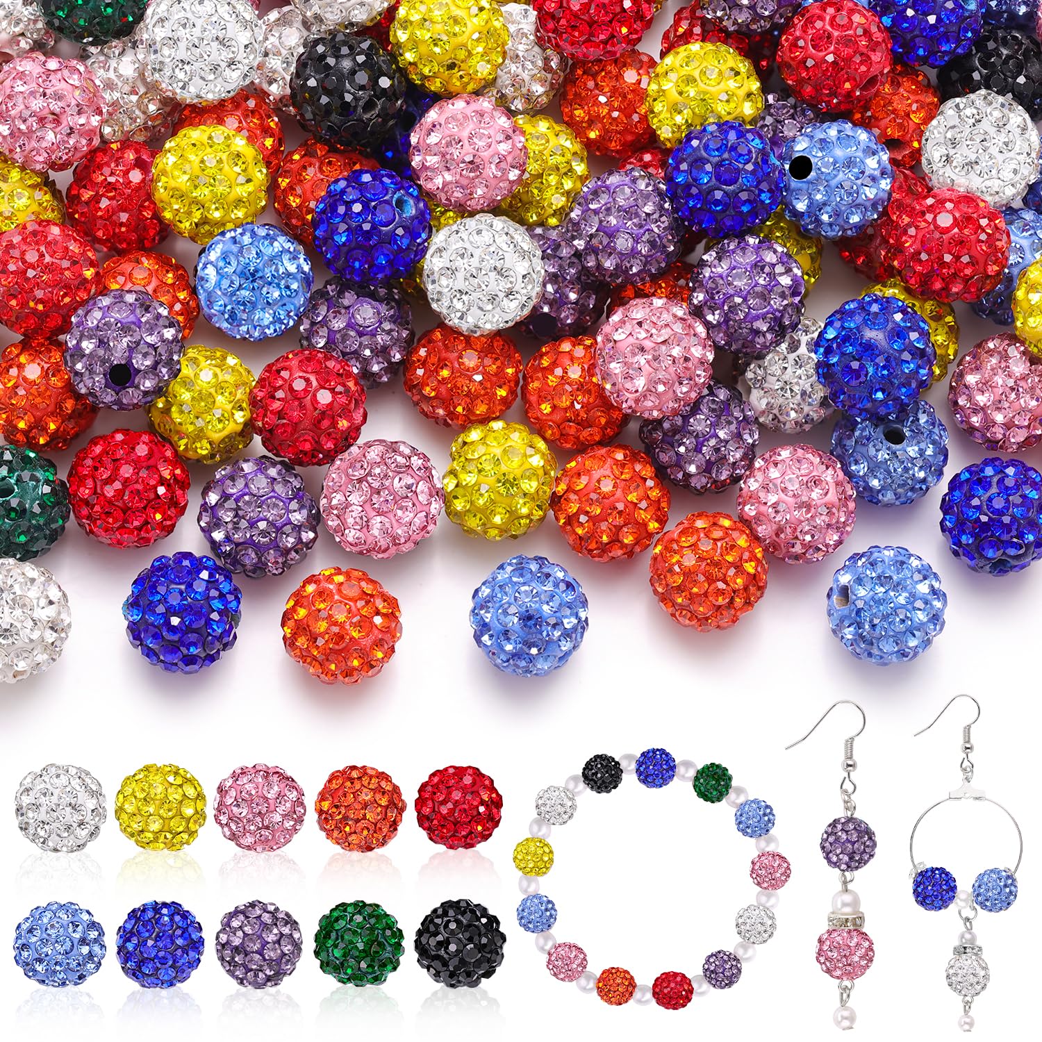 Photo 1 of 100 Pcs 10 Mixed Colors Rhinestone Beads for Jewelry Making, Sparkle Crystal Clay Christmas for Bracelet Baseball Necklace Earring Crafting and DIY, Shiny Round Shamballa Disco Ball Beads