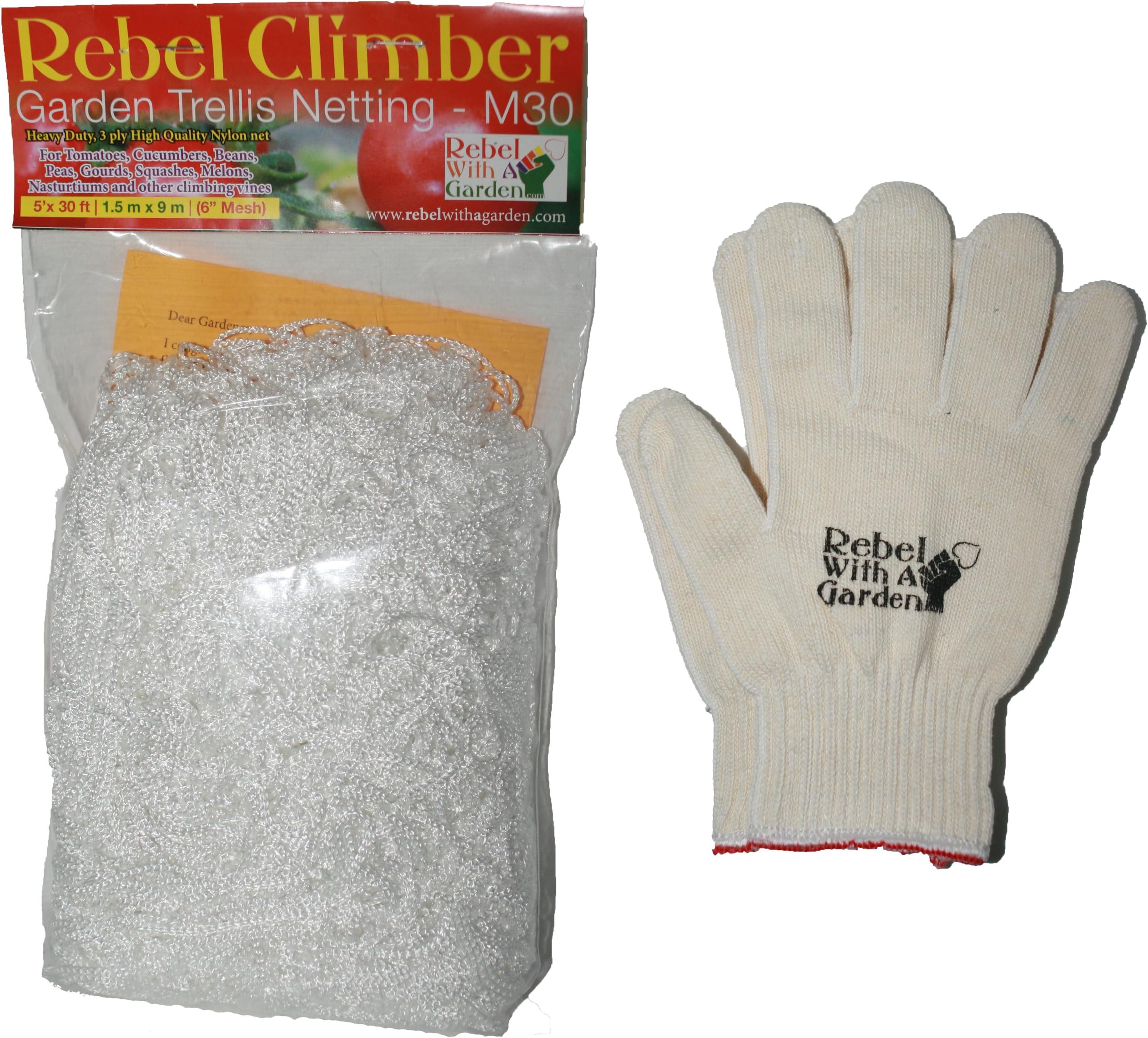 Rebel Climber Garden Trellis Netting and Cotton Garden Gloves by Rebel with A Garden Heavy Duty 3 ply Nylon Vine Vegetable Plant Support for Tomatoes, Cucumbers, Beans and Melons (5x30ft)