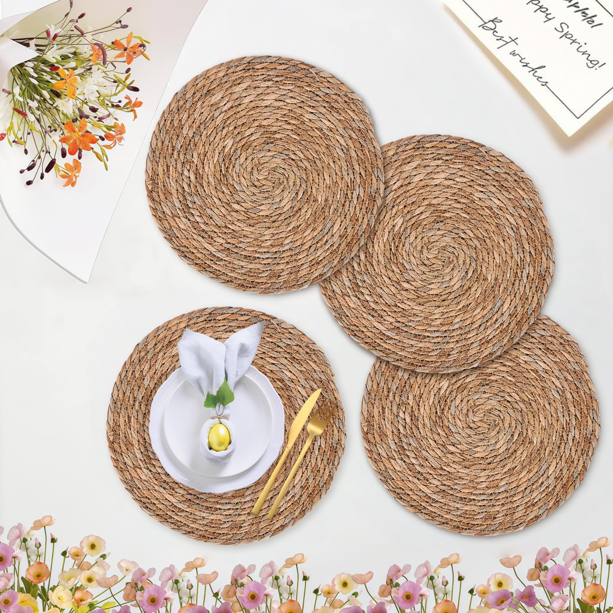 Photo 1 of Defined Deco Woven Placemats Set of 4,13" Round Rattan Placemats,Natural Hand-Woven Water Hyacinth Placemats,Farmhouse Weave Place Mats,Rustic Braided Wicker Table Mats for Dining Table,Home,Wedding.