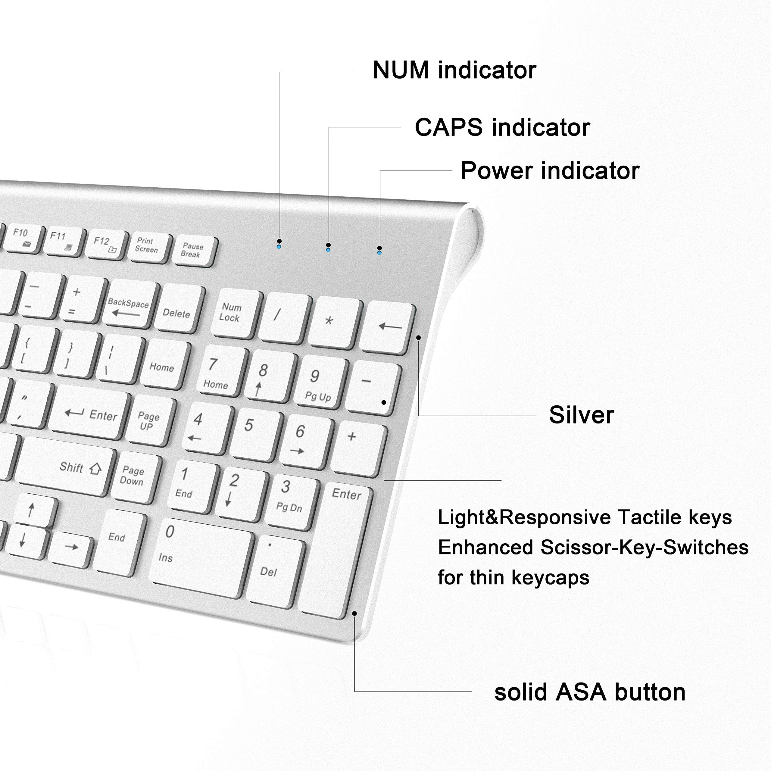 JOYACCESS J Wireless Keyboard, 2.4G Slim and Compact Wireless Keyboard with Numeric Keypad for Laptop, MacBook air, Apple, Computer, PC-Sliver&White