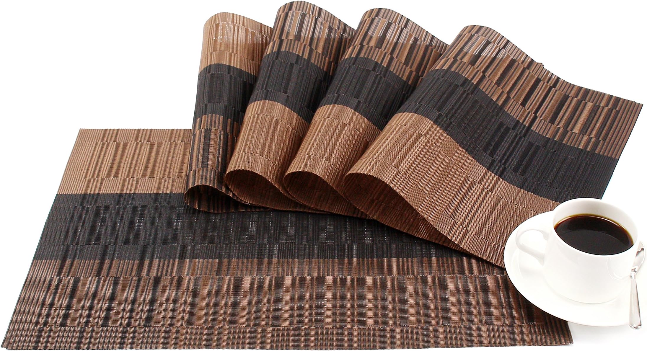 GEFEII Exquisite Bamboo PVC Placemats Woven Vinyl Non-Slip Kitchen Place Mats for Dining Wedding Party Heat-Resistant Waterproof Table Mats (Ombre Coffee and Black, 6)