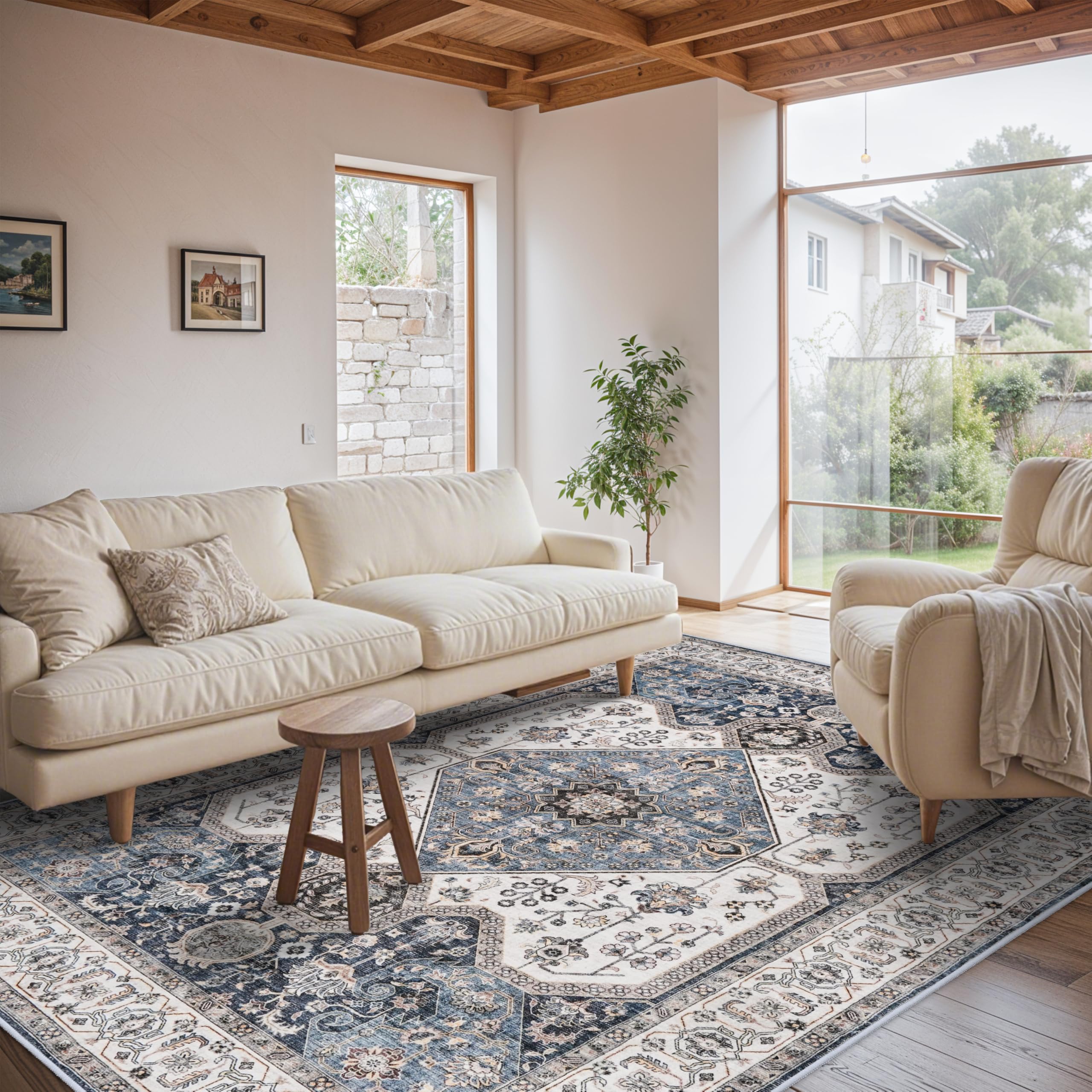 RUUGME Washable 6x9 Area Rug - Vintage Area Rugs with Non Slip Backing Stain Resistant Carpet for Bedroom Dining Room Indoor Soft Carpets Home Decor Mat for Bathroom 6x9 Navy Image