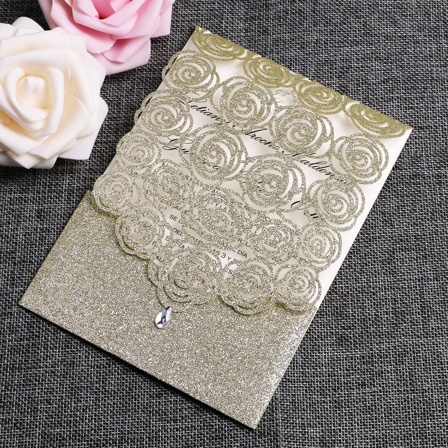 FEIYI 25PCS Laser Cut Invitations Cards Luxury Diamond Gloss Design with Pearl Paper Insert for Wedding, Bridal Shower, Engagement Birthday Graduation Invite (Champagne Gold Glitter)