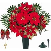 Artificial Christmas Cemetery Flowers for Grave Decorations with Vase | Realistic memorial flower,Faux Silk,Weather-Resistant,Outdoor Grave Decor for Gravisite,Red Poinsettia with Vase and Bow