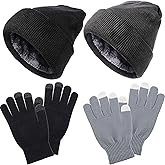 4 Piece Winter Beanie Hat and Glove Set with Fleece Lining Winter Warm Knit Skull Cap and Gloves Set for Men Women