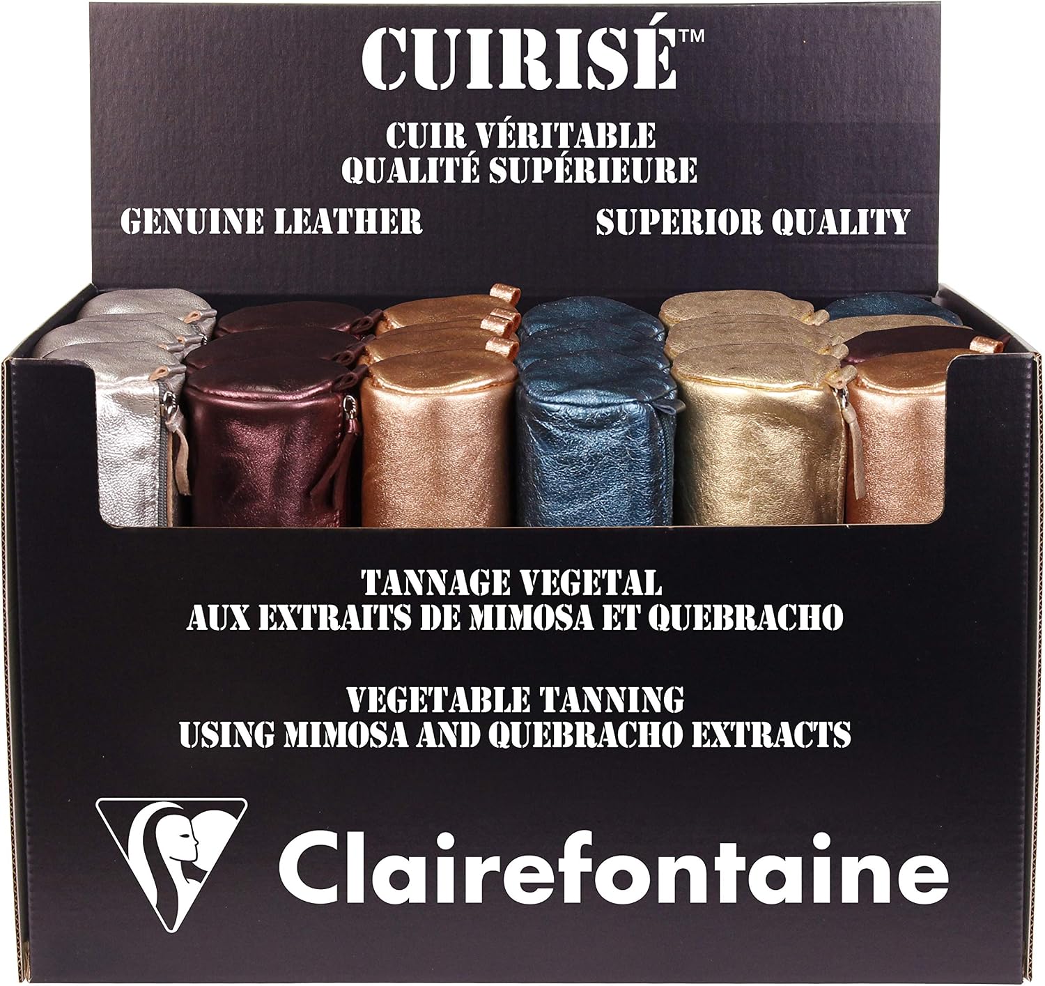 Clairefontaine 8688C, Round School Pencil Case Silvered Iridescent Effect diameter 5,5x22 cm in Genuine Lambskin Leather - Image 3