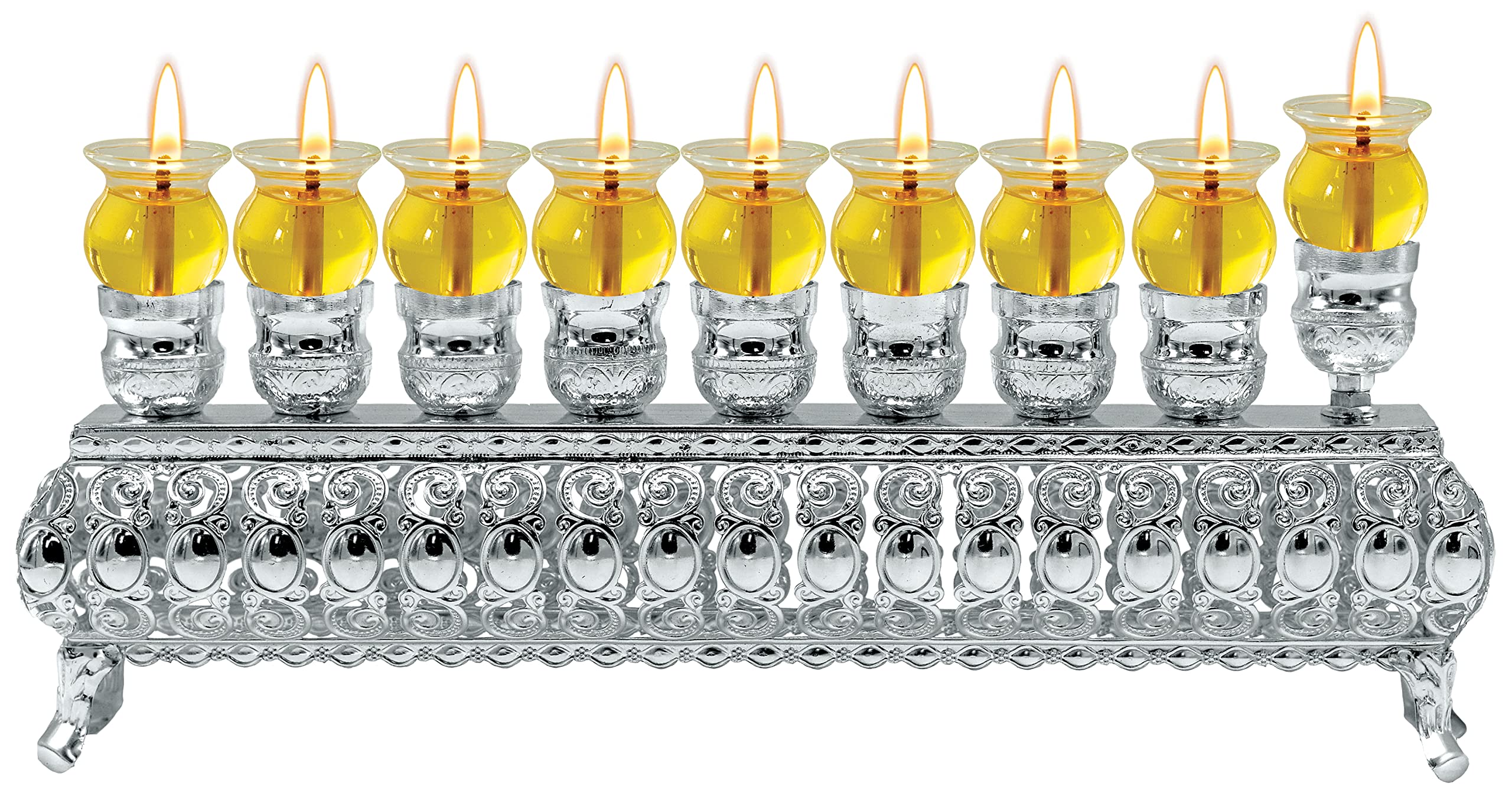 Ner Mitzvah Silver Plated Oil Wall Menorah - Fits Standard Chanukah Oil Cups and Large Candles - 28 cm Wide x 10 cm High