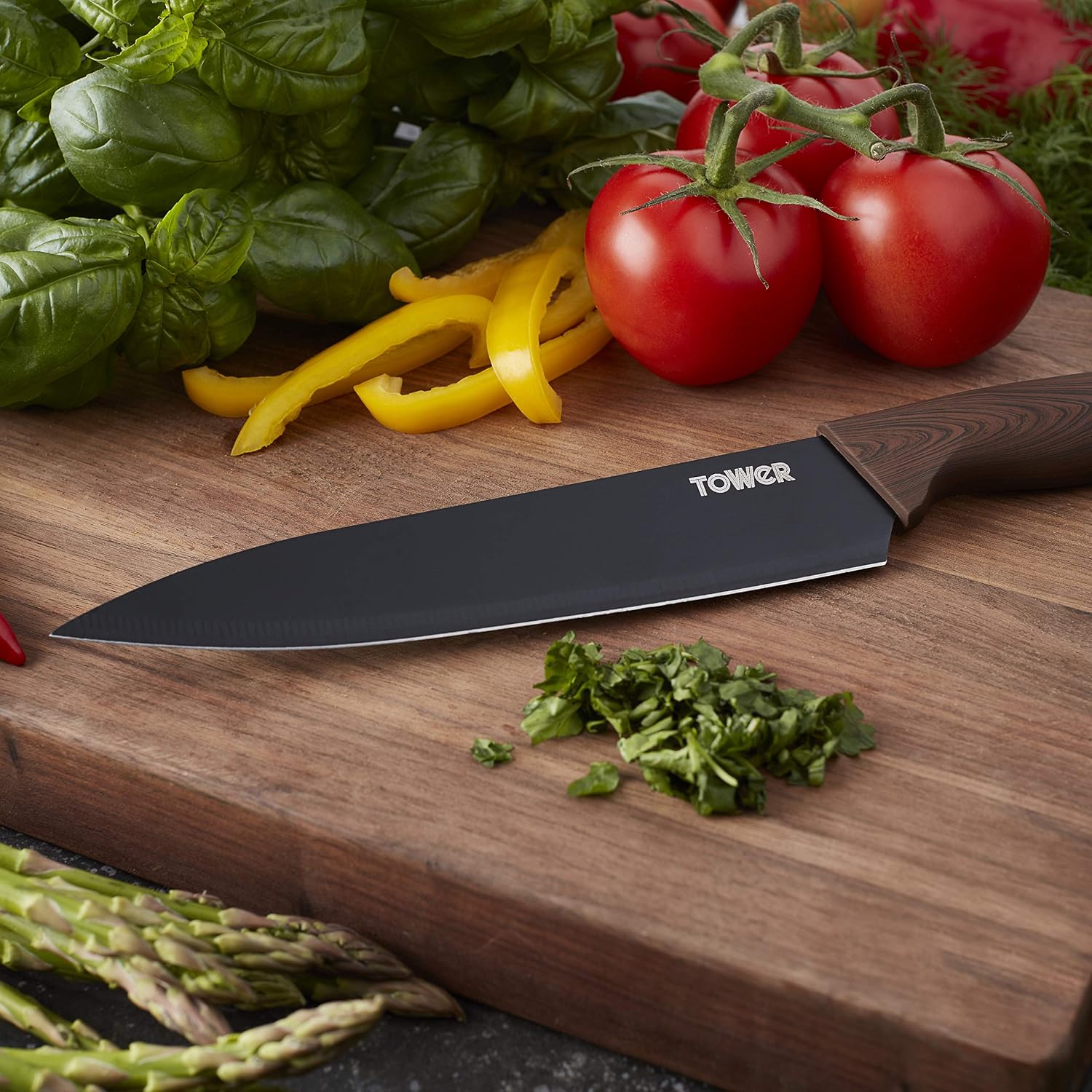 Tower T81536WT Kitchen Knife Set, Soft Touch Wood Effect Handles with Non Stick Coated Stainless Steel Blades, Walnut, 6-Piece - Image 4