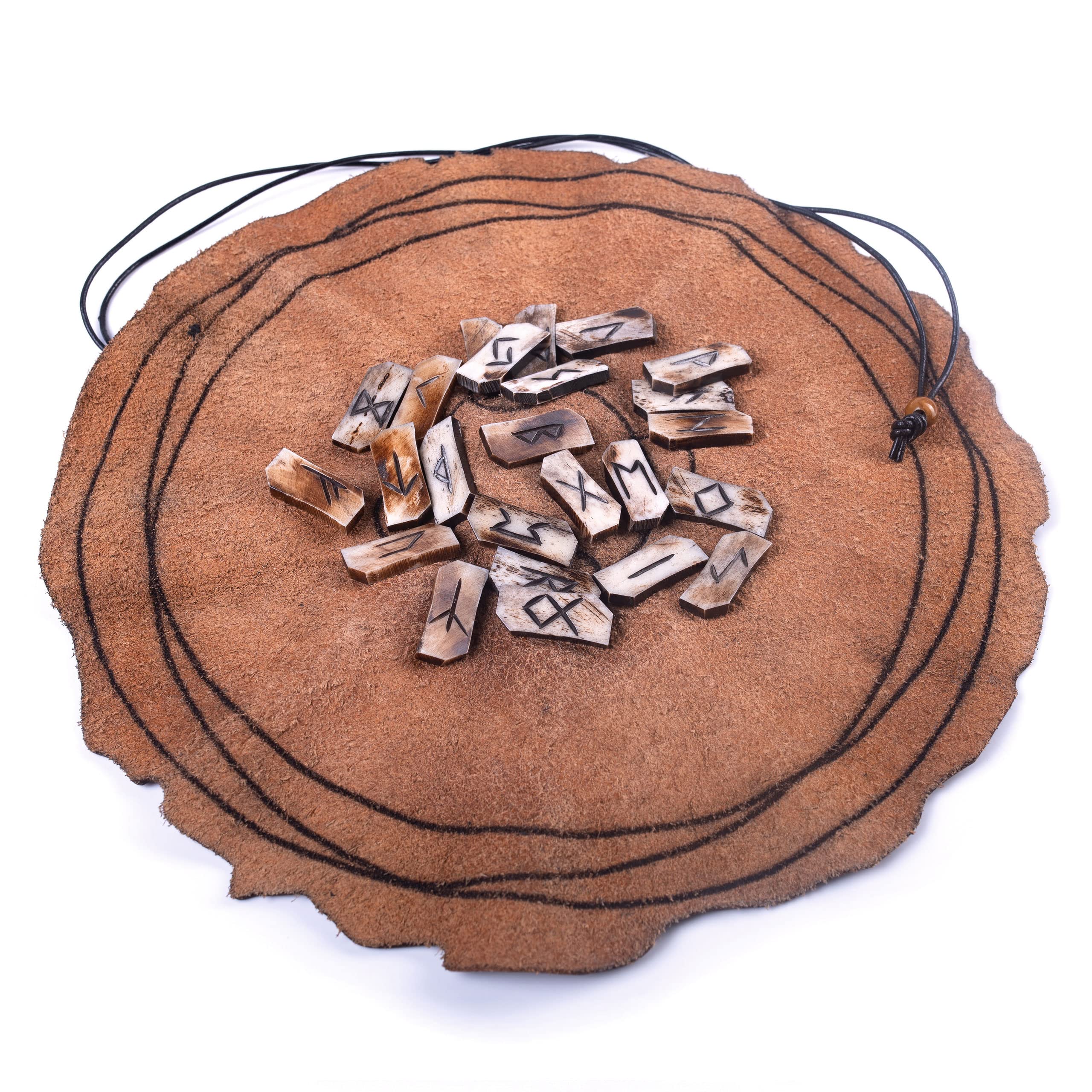 Viking Rune Divination Set With Genuine Bone Elder Futhark Runestone Pieces & Premium Leather Divination Mat