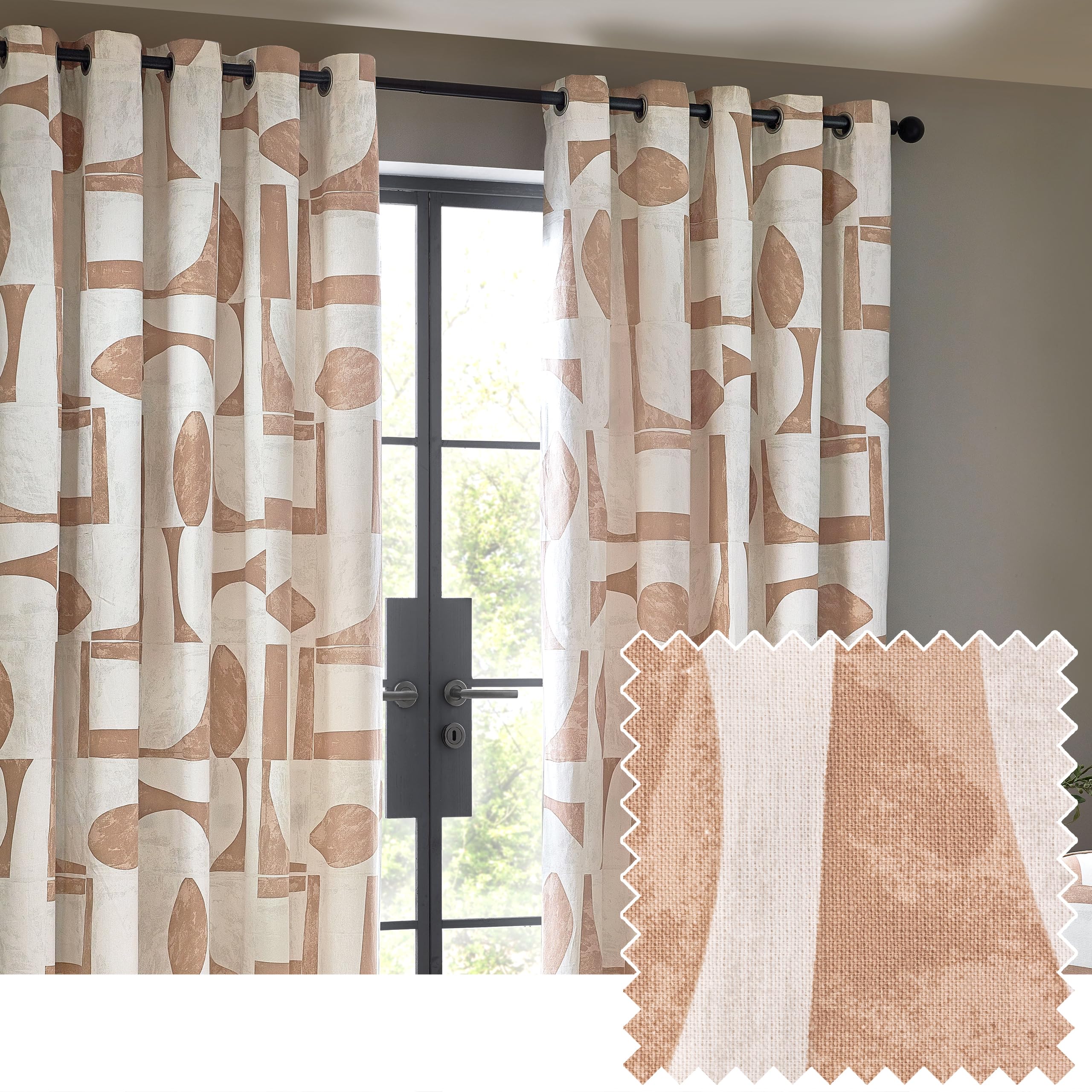 furn. Hoem Carro Abstract 100% Cotton Lined Curtains – Clay (Pair – 229cm Width x 229cm Drop)