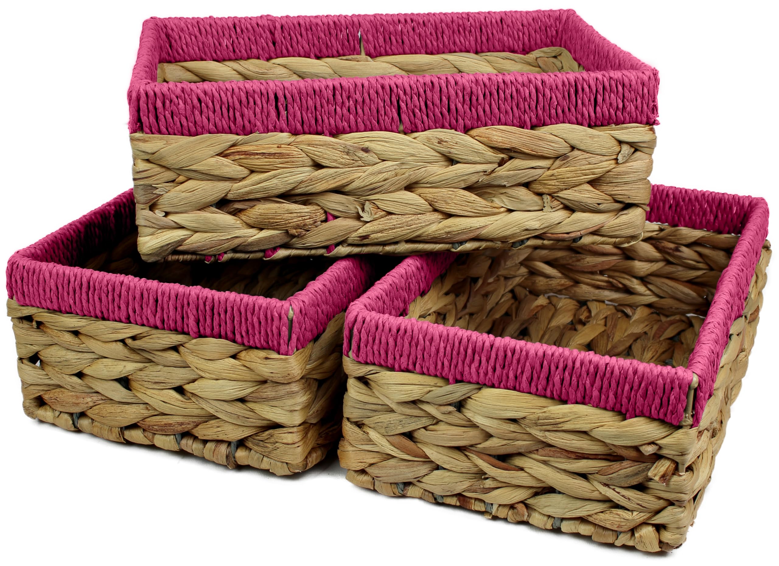 Rectangular Water Hyacinth Small baskets for storage Natural and Pink wicker basket shelves open Decorative gift box Small bathroom mini tray makeup bathroom Kitchen organiser (Medium 22cm, 3, Pack)