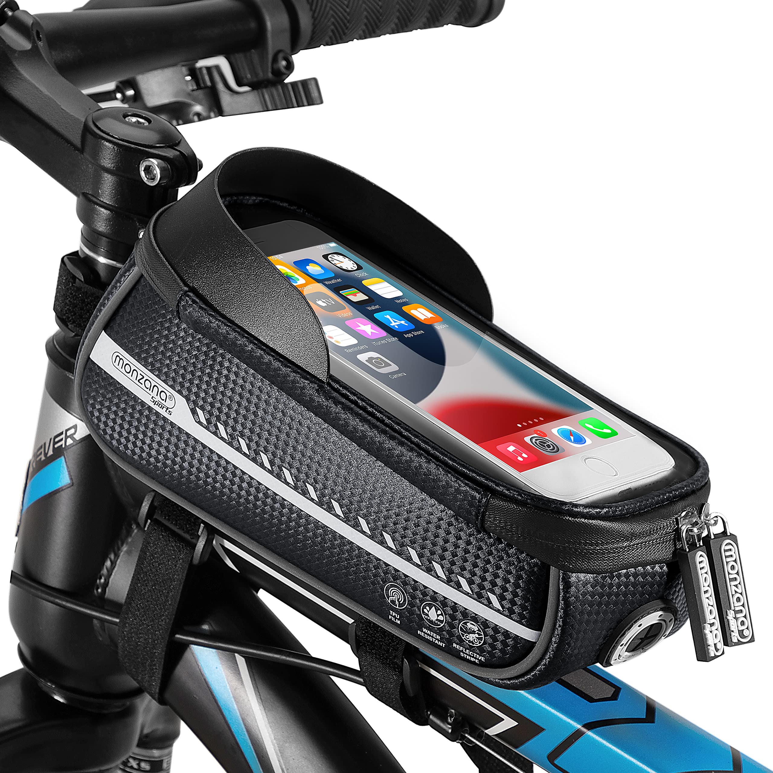 MONZANA® Bicycle Top Tube Tri Bag | Waterproof Reflective Removable | TPU Touchscreen Smartphone Holder Mobile Phone Case Sun Visor | Up to 6.8' | Crossbar Handlebar Frame | Titanium