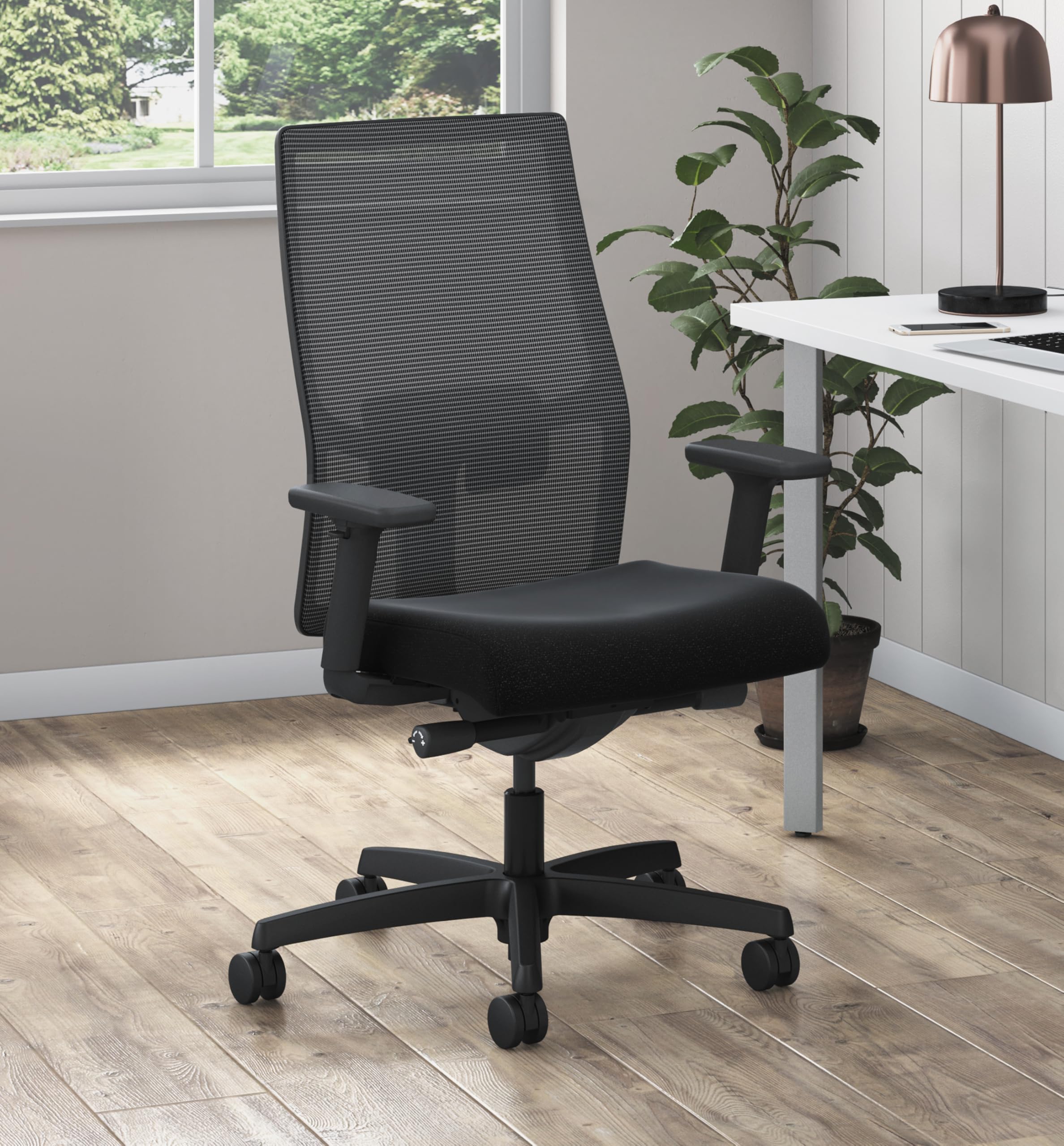 HON Ignition 2.0 Mid Back Task Chair, Advanced Synchro-Tilt Control, Office Chair with Lumbar Support, Height and Width Adjustable Arms, Black Frame, Black