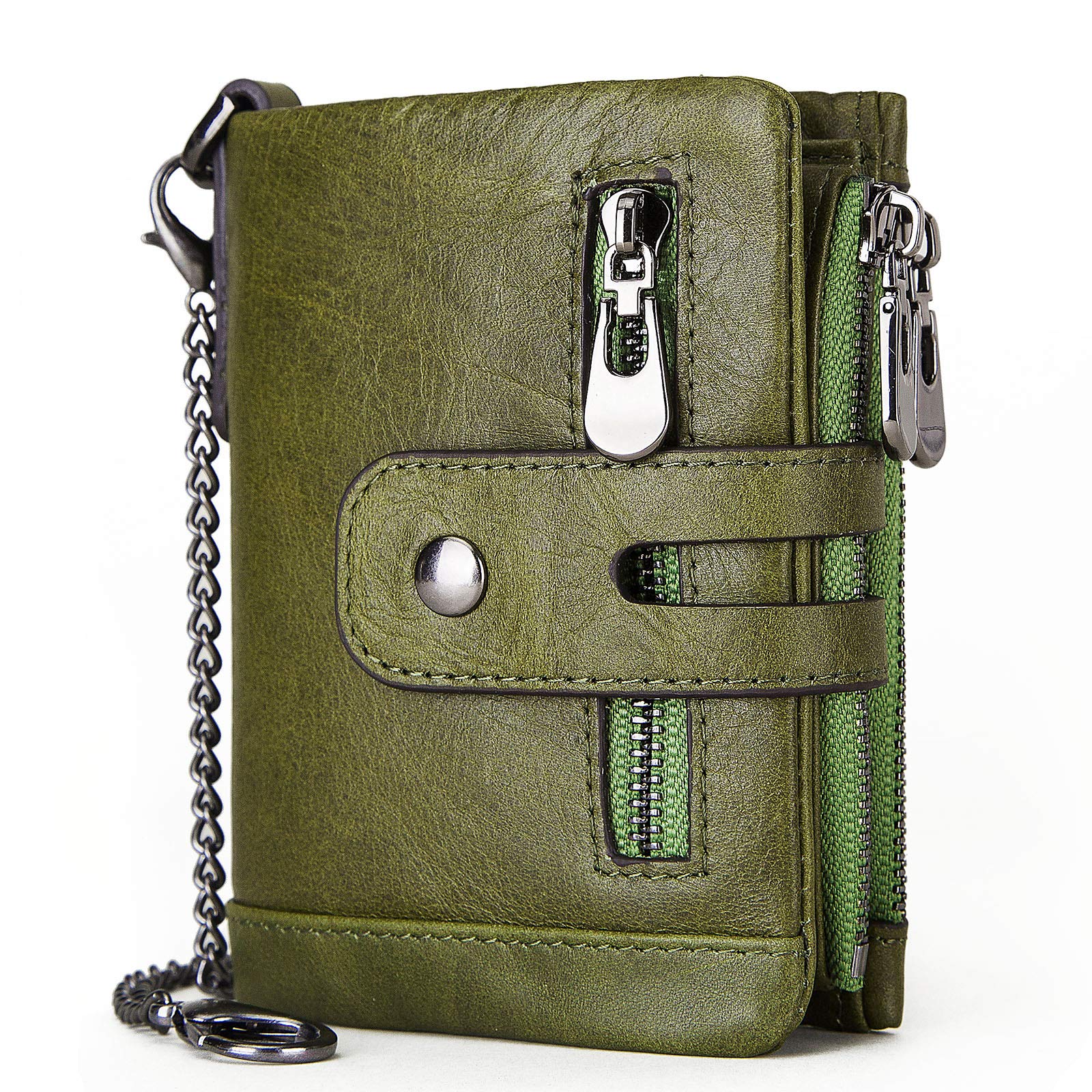 Mens Wallet with Chain RFID Blocking Men's Genuine Leather Wallet Bifold Wallet with Credit Card Holder and Zipper Coin Pocket Purse, Green