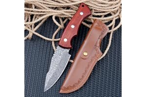 Fixed Blade Knife with Sheath, Damascus Pattern Blade, Wooden Handle, Outdoor Tools, Survival Gear, Hunting, Hiking, EDC (Red