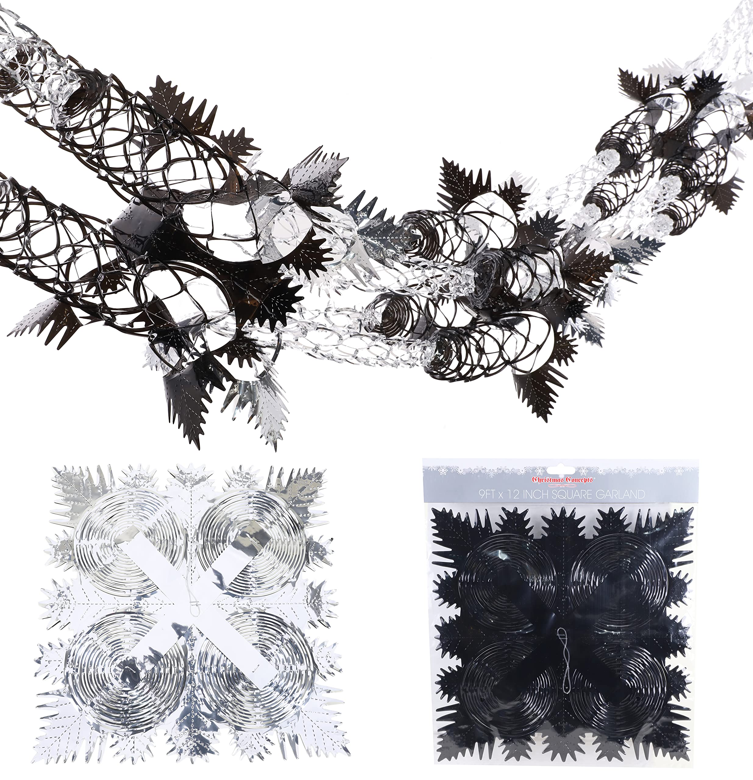 Christmas Concepts® 9ft x 1ft Large Square Foil Garland Festive Hanging Decoration – Christmas Trimming (Black & Silver)