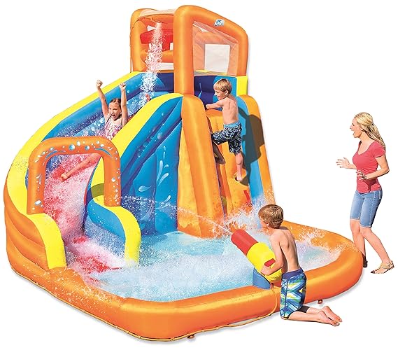 Bestway H2OGO! Wasseroark Turbo Splash, Planschbecken mit Wasserrutsche und Kletterwand, 365x320x275 cm