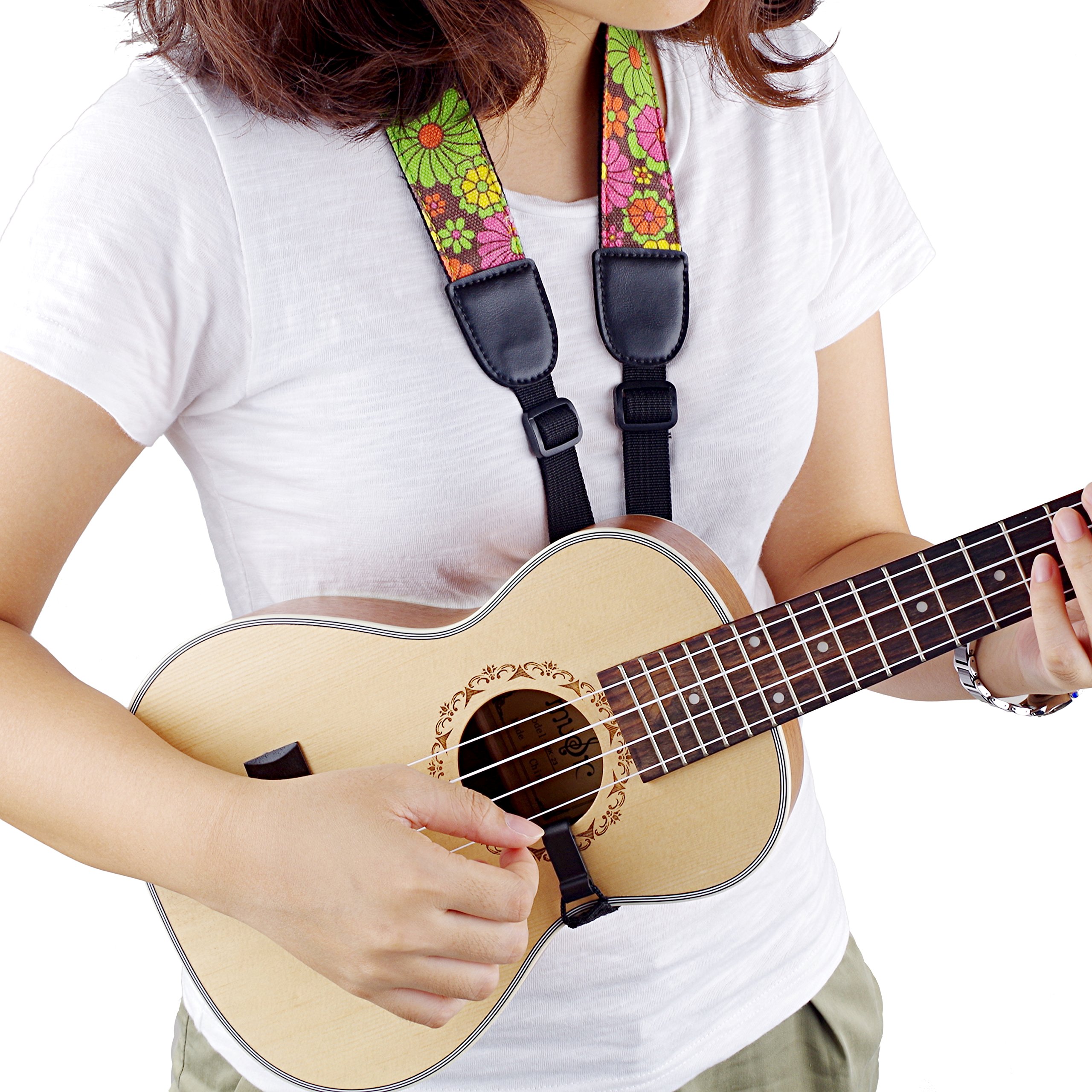 Mugig Ukulelegurt gedruckende Blumen Jeansmaterial Gurt für Ukulele oder mini Gitarre(gedruckende Blumen)
