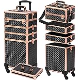 Somduy Rolling Makeup Case, Makeup Train Case with Lid, 5 in 1 Cosmetology Case on Wheels, Christmas Gift, Large Makeup Organizers, Profesional Cosmetic Case for Salon Barber, Black gold