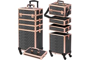 Somduy Rolling Makeup Case, Makeup Train Case with Lid, 5 in 1 Cosmetology Case on Wheels, Christmas Gift, Large Makeup Organizers, Profesional Cosmetic Case for Salon Barber, Black gold