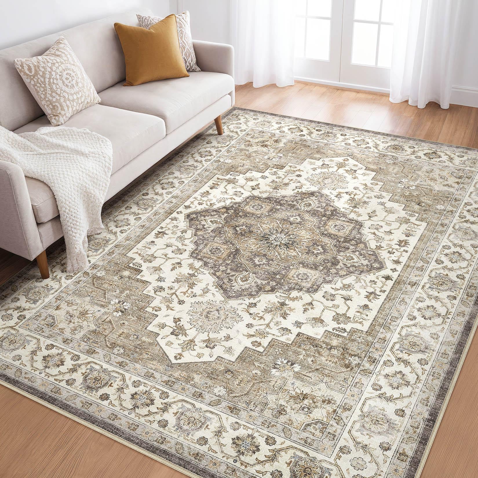 6x9 Area Rugs Living Room: Washable Boho Large Neutral Vintage Soft Rug Stain Resistant Farmhouse Non-Slip Indoor Floor Carpet for Bedroom Nursery Kids Playroom Office Dining Room Home- Brown Beige Image
