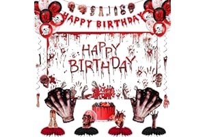 DARUNAXY Halloween Birthday Party Decorations, Red Halloween Happy Birthday Banner, Scary Handprint Balloons & Cake Topper, Horror Fake Broken Hands Dismember Honeycomb Hanging Swirl Balloons(36PC)